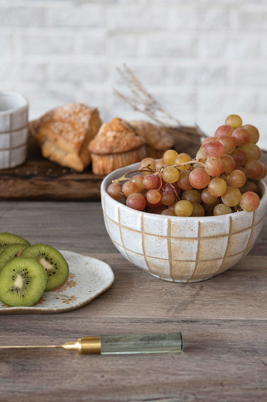 Stoneware Bowl with Grid Wax Relief Design