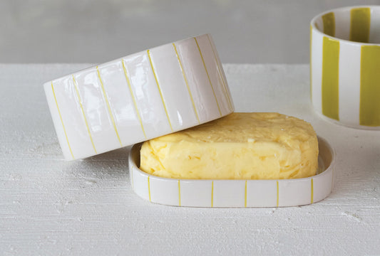 Hand-Painted Stoneware Striped Butter Dish