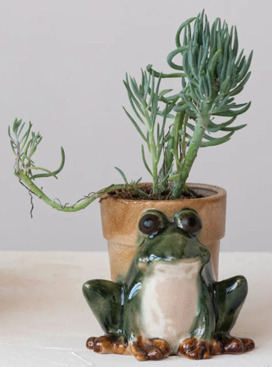 Stoneware Frog Planter, Reactive Glaze, Green, White & Brown