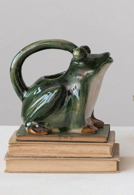 Stoneware Frog Watering Pitcher, Reactive Glaze, Green, White & Brown (Each One Will Vary)