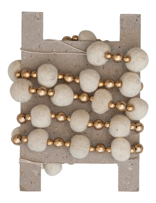 Wool Felt Ball & Plastic Bead Garland, Cream Color & Gold Finish