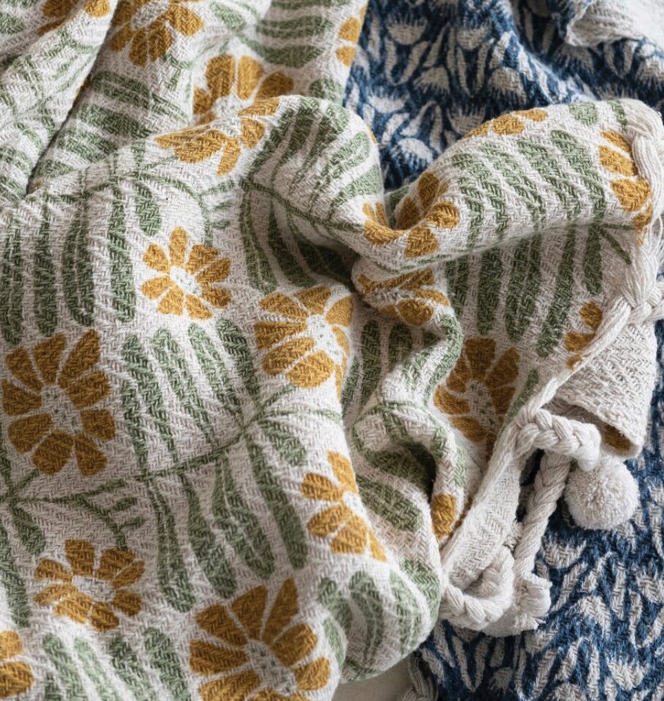 Cotton Blend Printed Throw with Flowers and Braided Pom Pom Tassels