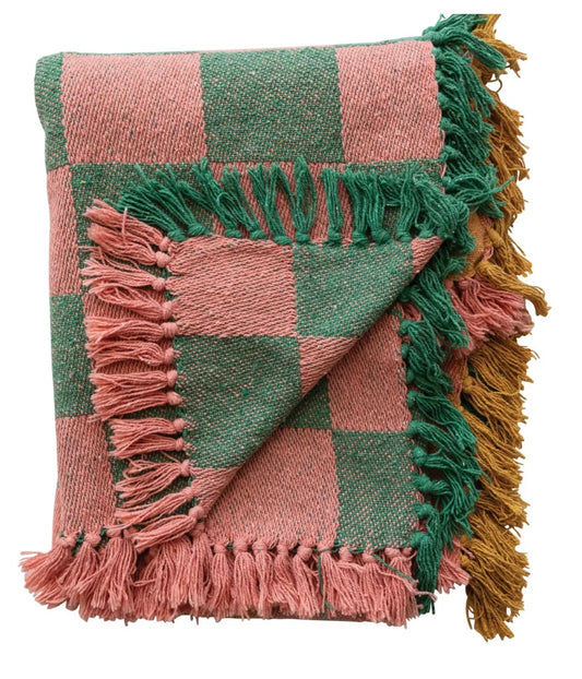 Woven Recycled Cotton Blend Two-Tone Checked Throw with Fringe