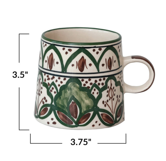 Hand-Painted Stoneware Mug w/ Design, Cream Color, Brown & Green