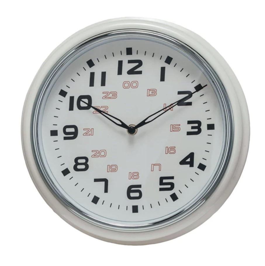 Metal Wall Clock, Chrome Finish, Cream Color