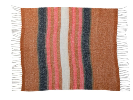 Brushed Acrylic & New Zealand Wool Throw w/ Stripes & Fringe