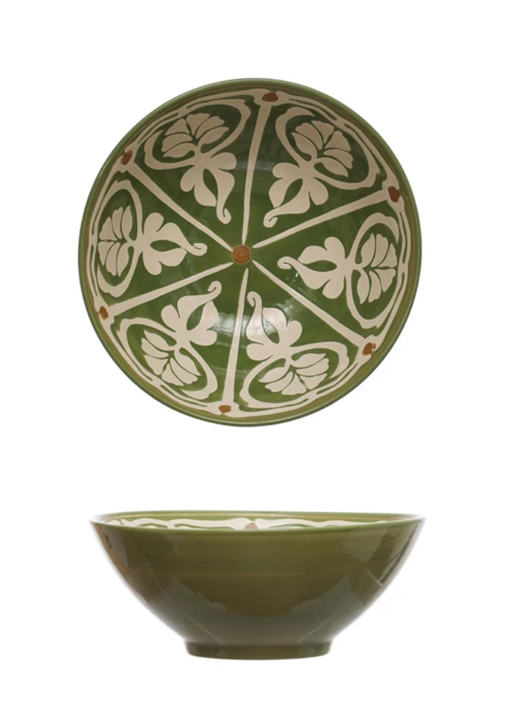 Hand-Painted Stoneware Serving Bowl w/ Design, Green & Brown