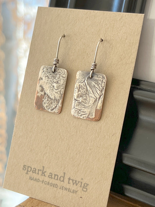 Spark and Twig Copper Rectangles With Melted Sterling Silver Texture