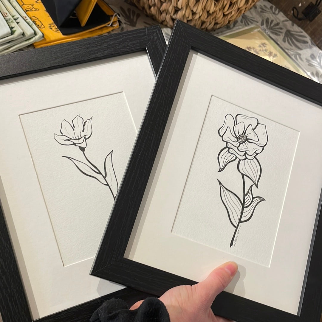 Black and White Original Ink Flower Art