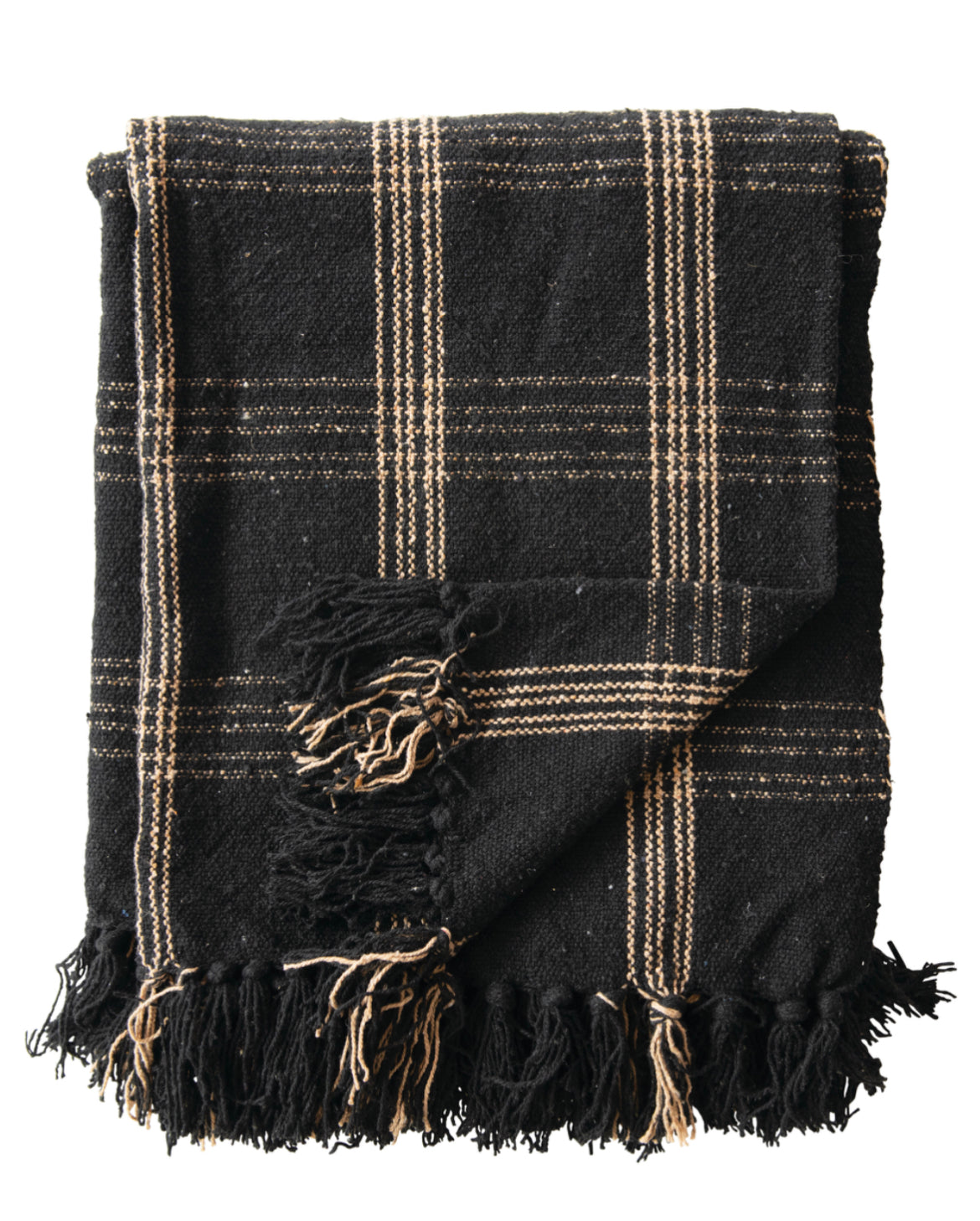 Black and Tan Woven Cotton Blend Throw with Fringe